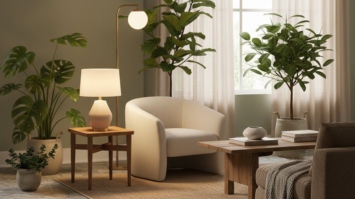 Ánh sáng, cây xanh và sàn nhựa giả đá