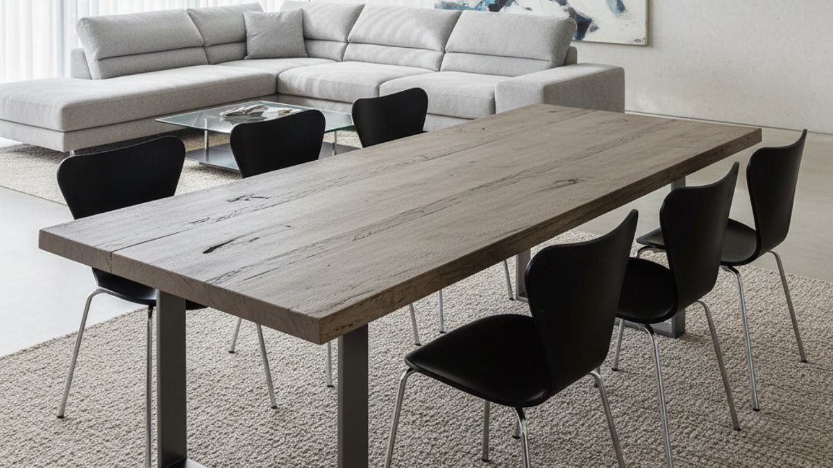 Bàn ăn mặt gỗ xi măng chân kim loại