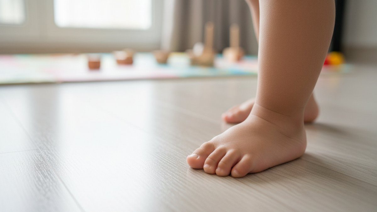 Bàn chân em bé trên sàn gỗ công nghiệp sạch