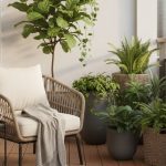 Ban công nhỏ lát sàn gỗ nhựa WPC với cây xanh và ghế thư giãn