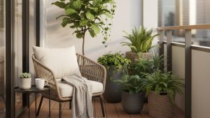 Ban công nhỏ lát sàn gỗ nhựa WPC với cây xanh và ghế thư giãn