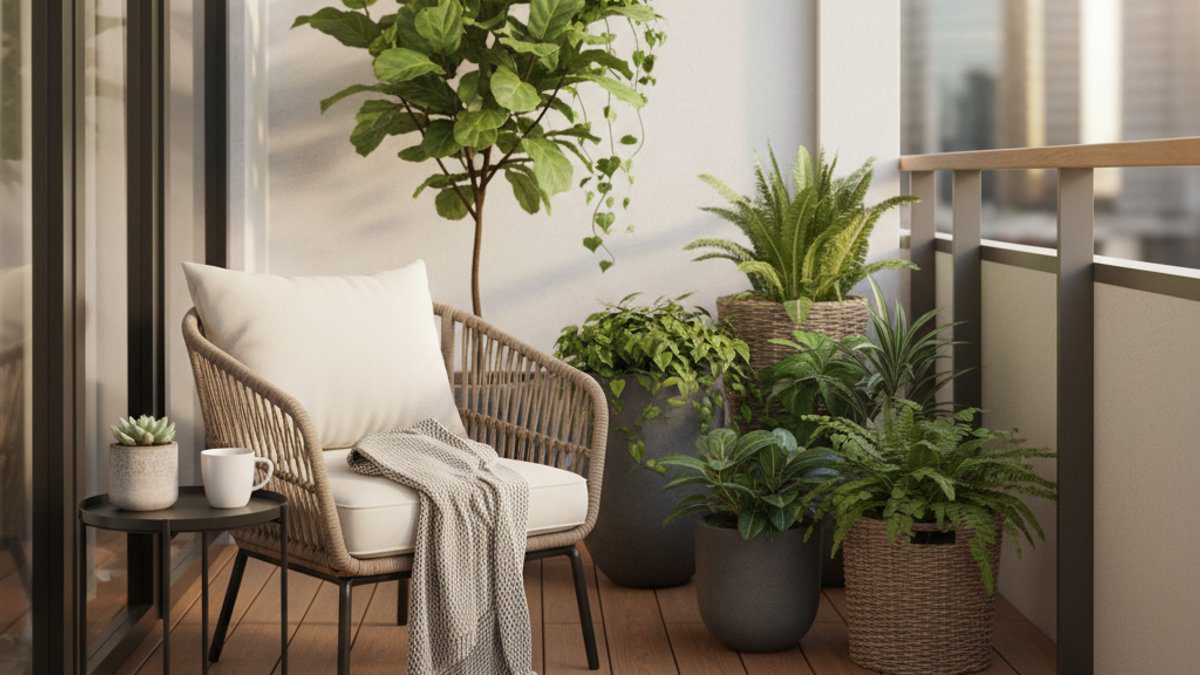 Ban công nhỏ lát sàn gỗ nhựa WPC với cây xanh và ghế thư giãn