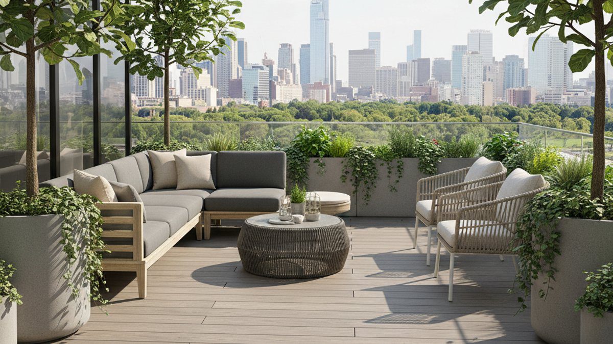 Ban công ngoài trời với sàn gỗ nhựa WPC và cây cảnh