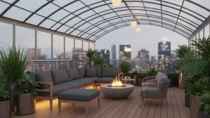 Ban công sân thượng sang trọng với mái che polycarbonate và sàn gỗ nhựa WPC