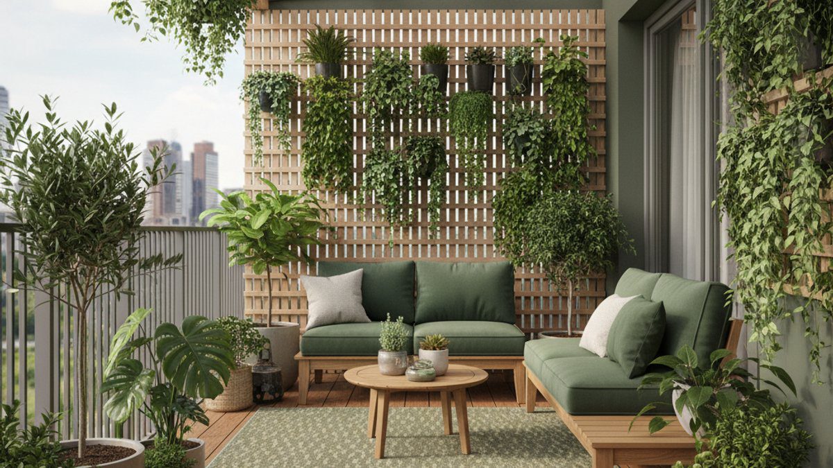 Ban công xanh với sàn gỗ nhựa WPC và mái che polycarbonate