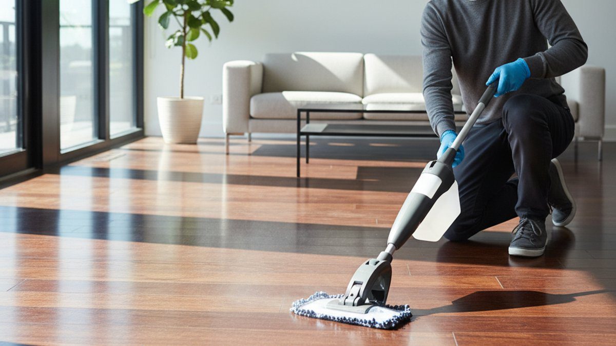 Người đang vệ sinh sàn gỗ bằng dụng cụ chuyên dụng