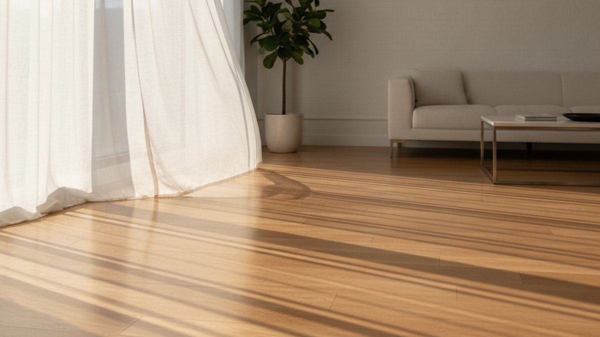 Ánh nắng mặt trời chiếu qua rèm cửa lên sàn gỗ