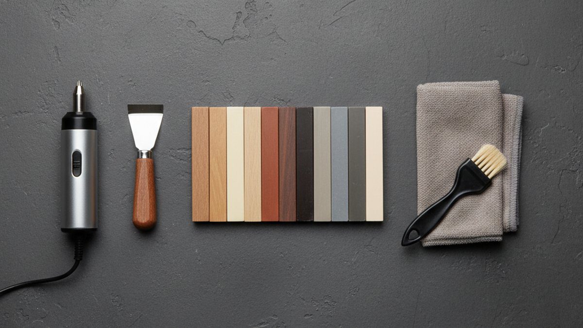 Các dụng cụ trong bộ kit sửa chữa sàn gỗ công nghiệp