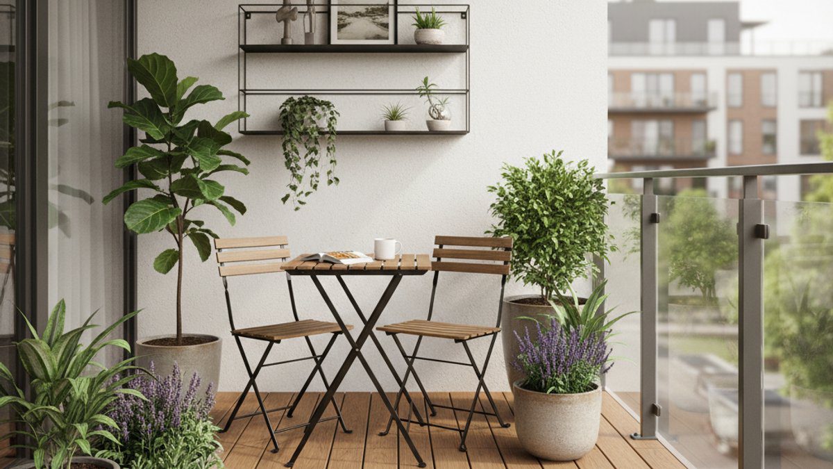 Ban công nhỏ lát sàn WPC với cây xanh và nội thất đa năng