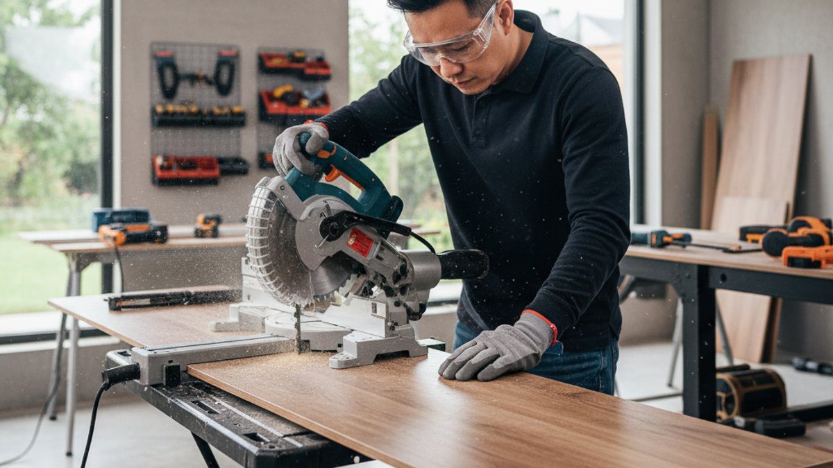 Người thợ cắt ván sàn gỗ bằng máy