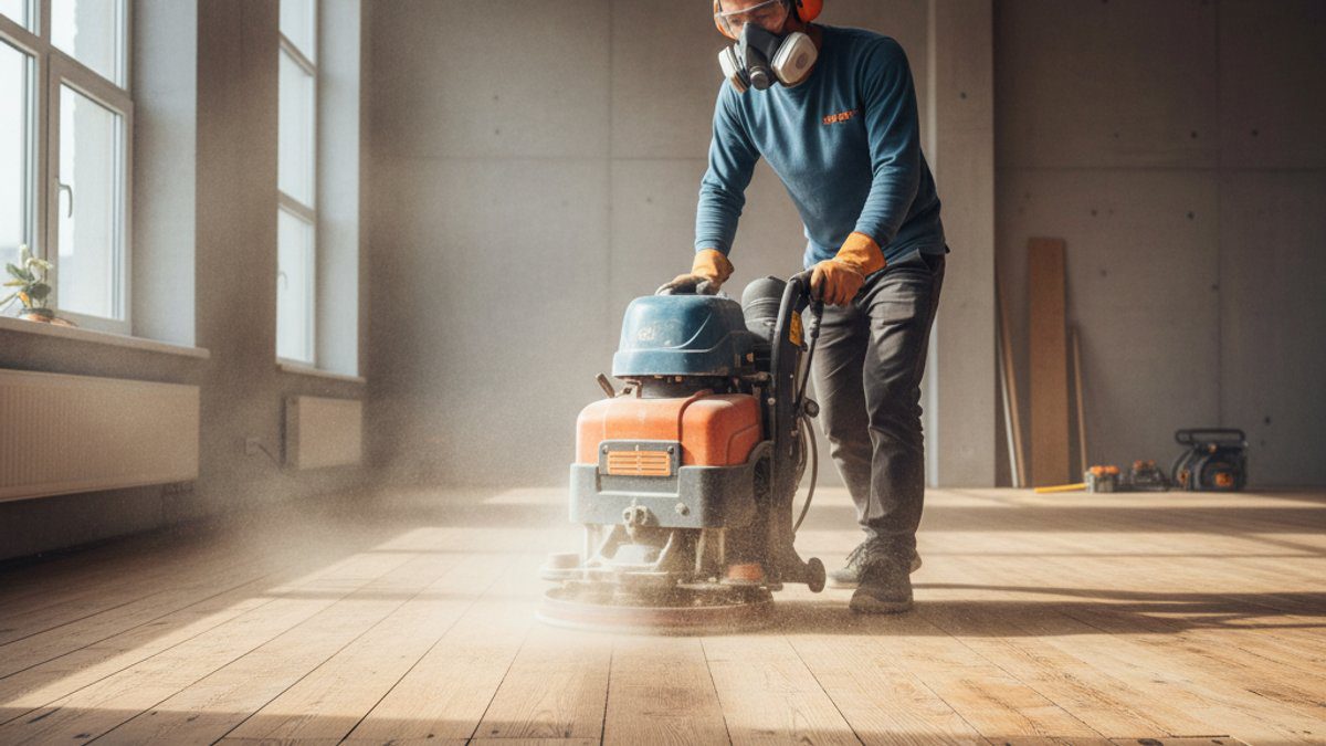 Thợ đang chà nhám sàn gỗ tự nhiên để phục hồi