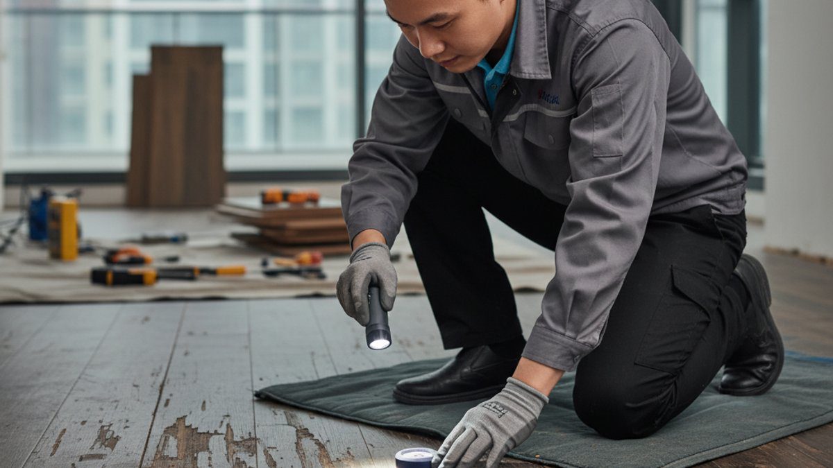 Chuyên gia kiểm tra sàn gỗ cũ, đánh giá hư hại