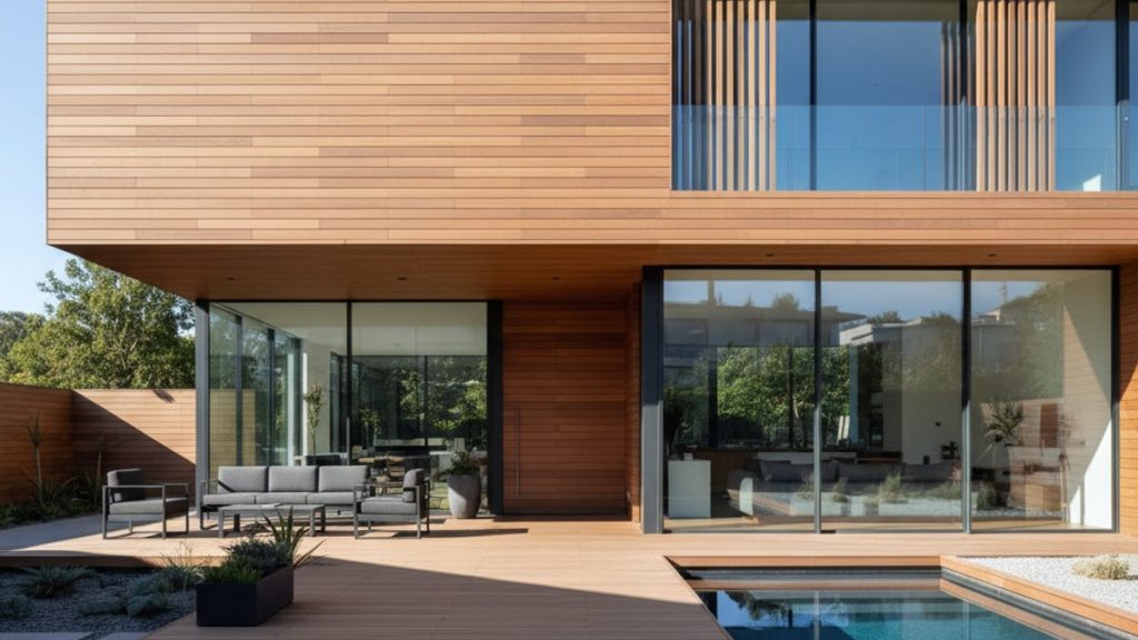 Công trình kiến trúc hiện đại sử dụng gỗ xi măng ốp tường và sàn