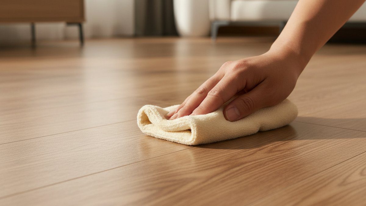 Đánh bóng khu vực sàn gỗ vừa sửa chữa