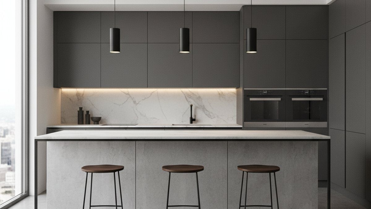 Thiết kế đảo bếp gỗ xi măng hiện đại