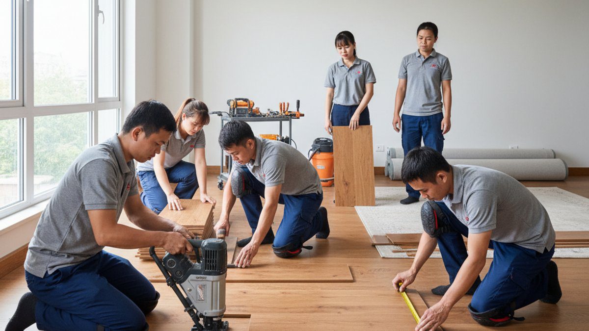 Đội ngũ thi công đang lắp đặt sàn gỗ một cách chuyên nghiệp