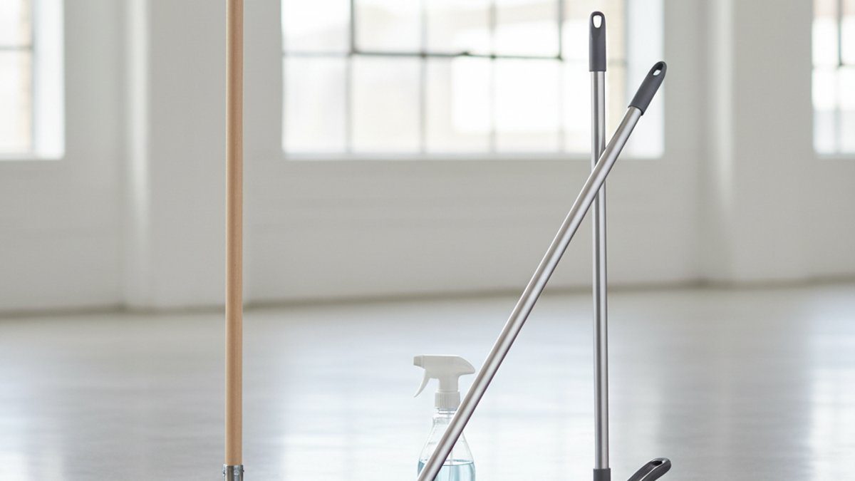 Dụng cụ vệ sinh sàn nhà: chổi, cây lau nhà, dung dịch tẩy rửa