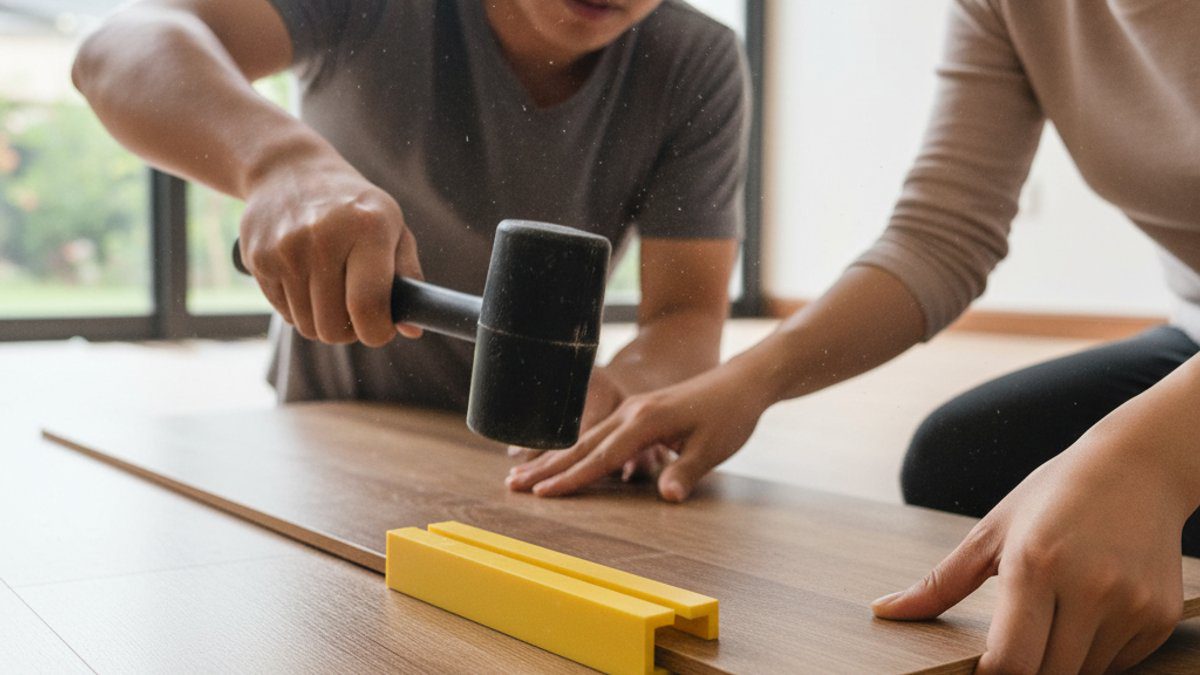 Dùng búa cao su ghép ván sàn