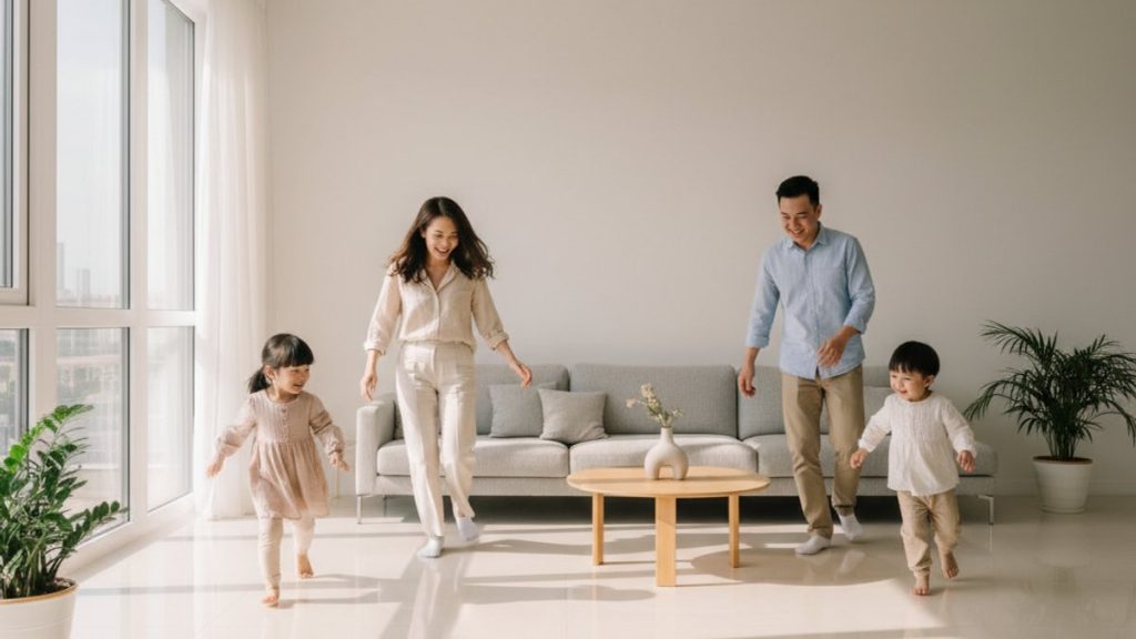 Gia đình Việt vui vẻ trên sàn nhựa an toàn