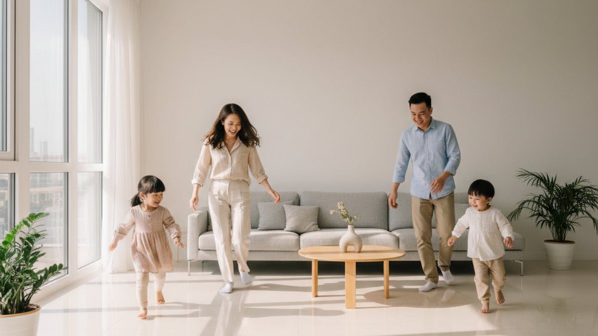 Gia đình Việt vui vẻ trên sàn nhựa an toàn