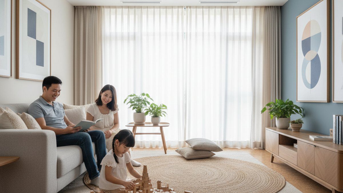 Gia đình hạnh phúc trong phòng khách yên tĩnh, sàn nhà cách âm