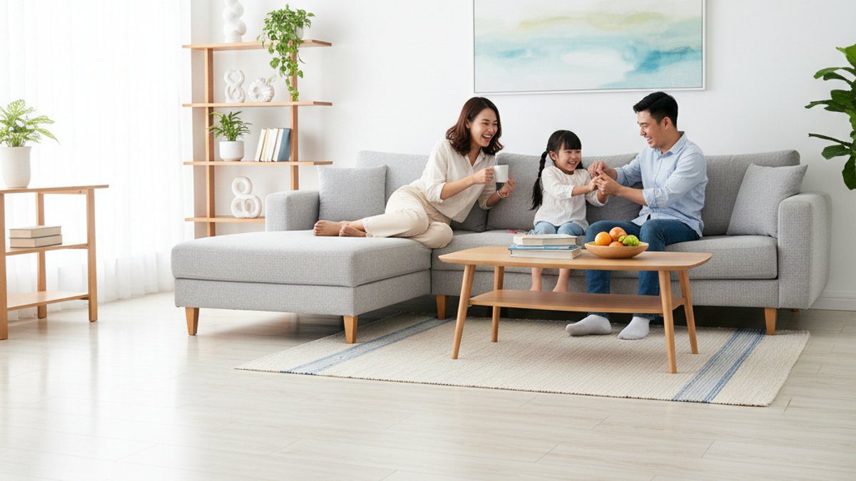 Gia đình Việt vui vẻ trên sàn nhà sạch sẽ