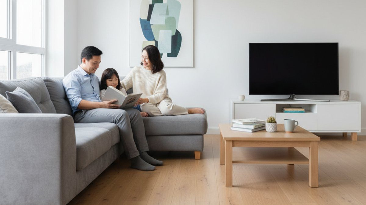 Gia đình thư giãn trong phòng khách có sàn gỗ an toàn