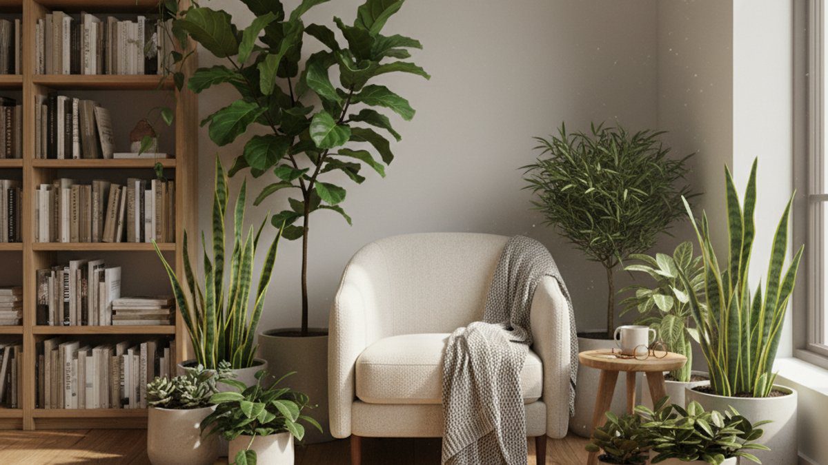Góc đọc sách với sàn gỗ tự nhiên và nhiều cây cảnh