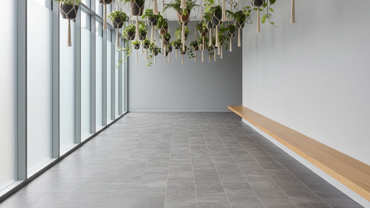 Hành lang sàn nhựa giả đá với cây xanh treo tường