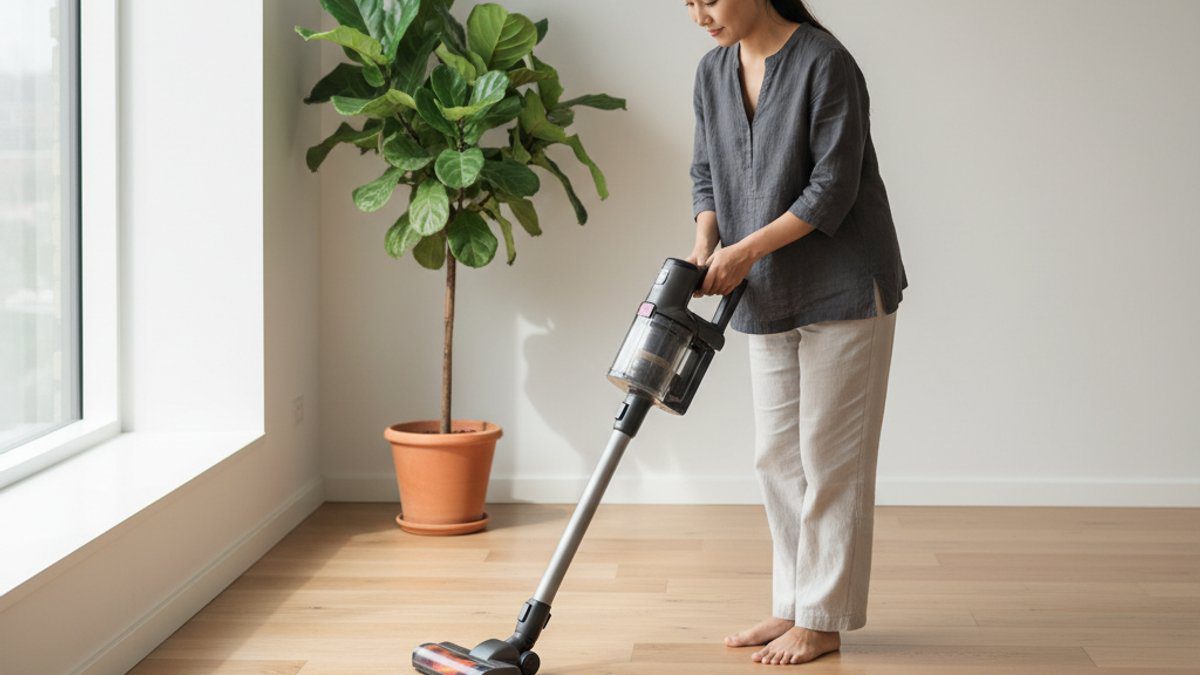 Phụ nữ hút bụi sàn gỗ tự nhiên bằng máy hút đầu mềm