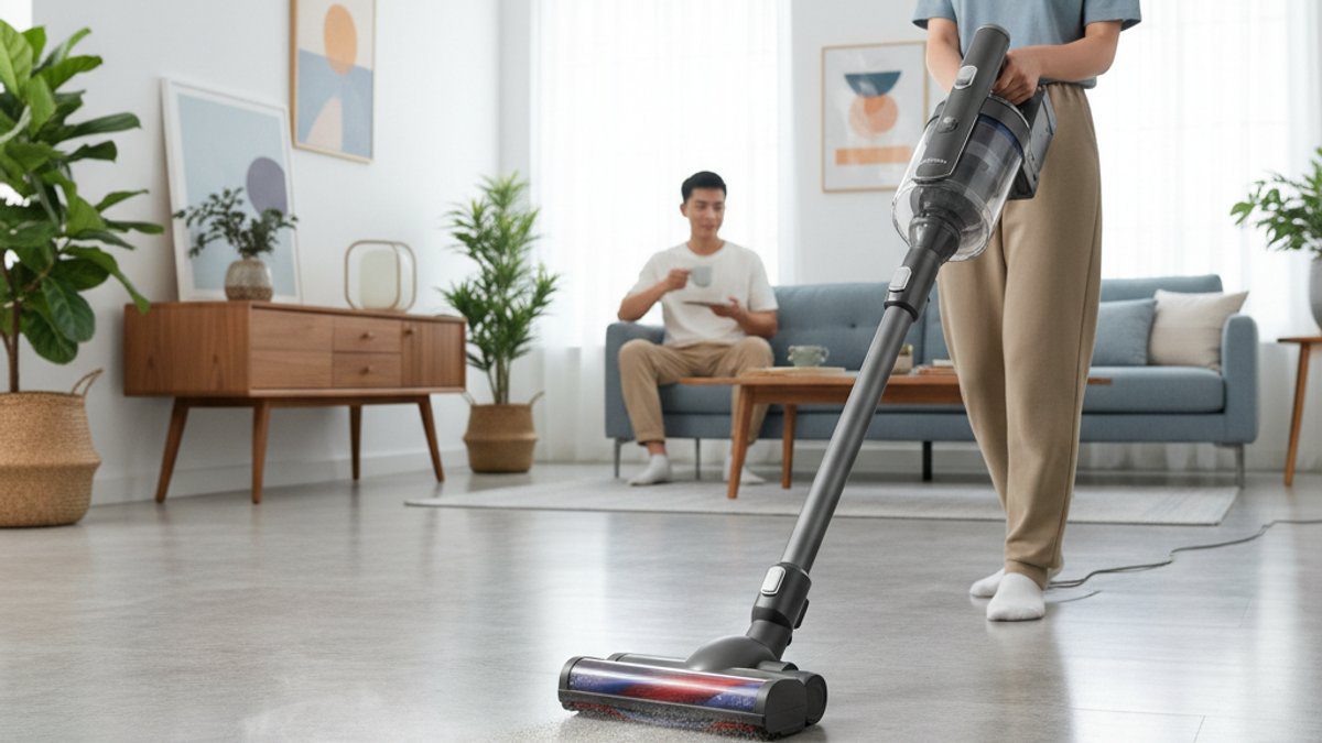 Người đang hút bụi trên sàn nhựa giả đá