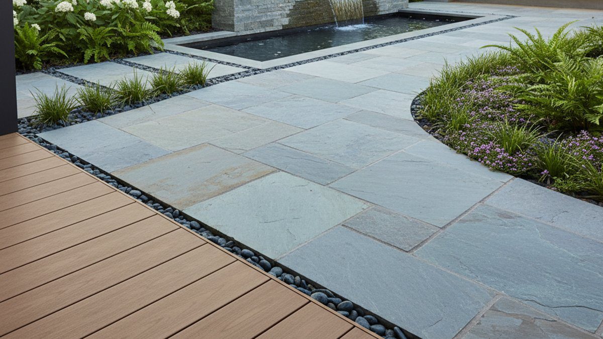 Sàn WPC kết hợp đá tự nhiên trong thiết kế sân vườn