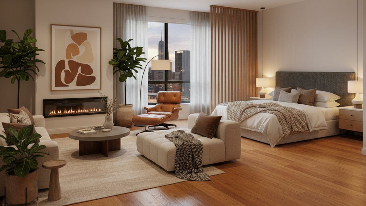 Phòng ngủ ấm cúng có sàn gỗ kỹ thuật