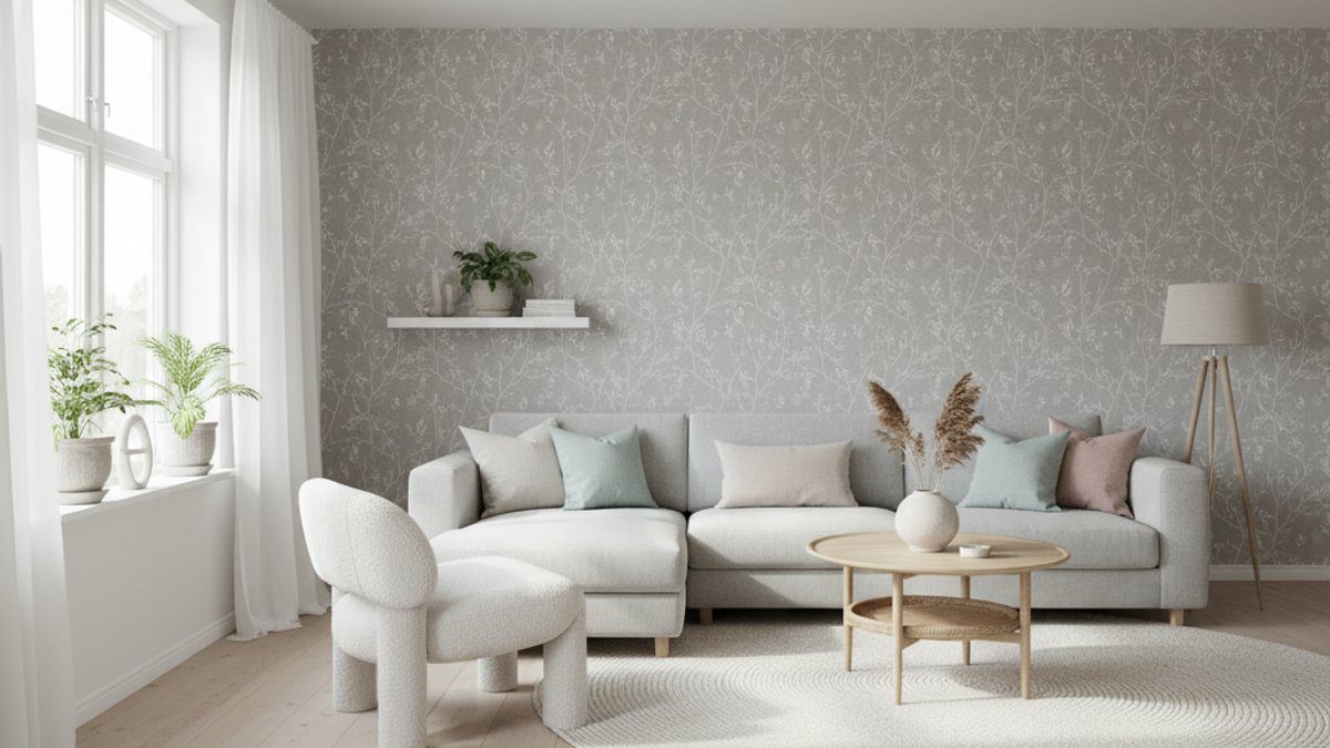 Phòng khách Scandinavian, sàn gỗ trắng, giấy dán tường vân cây