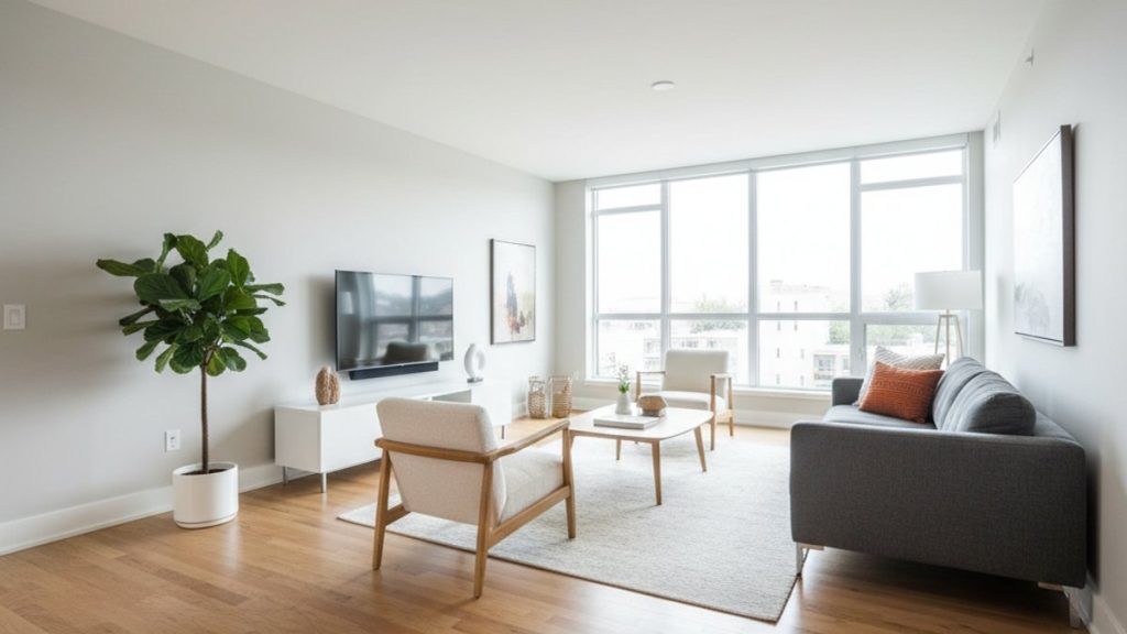 Phòng khách hiện đại sàn gỗ, tường xám, nội thất tối giản