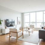 Phòng khách hiện đại sàn gỗ, tường xám, nội thất tối giản