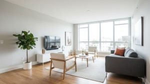 Phòng khách hiện đại sàn gỗ, tường xám, nội thất tối giản