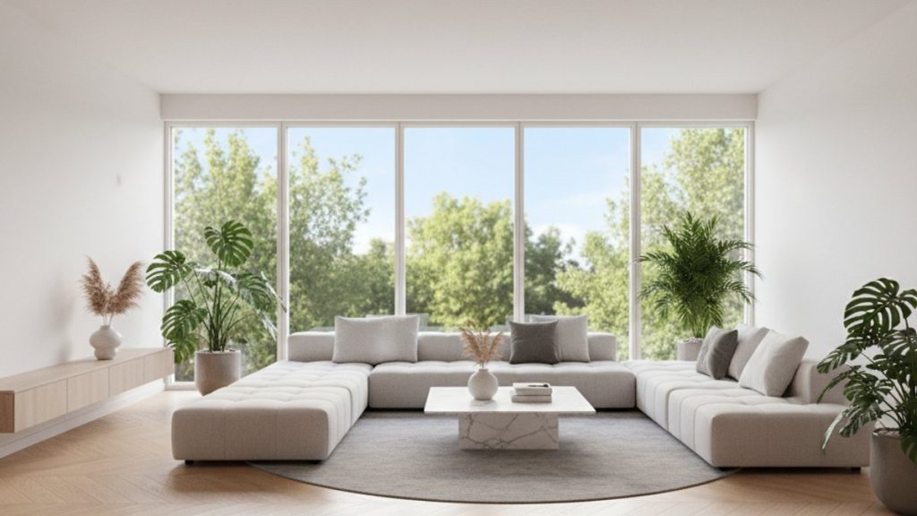 Phòng khách hiện đại với sàn gỗ màu trung tính, thiết kế tinh tế