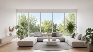 Phòng khách hiện đại với sàn gỗ màu trung tính, thiết kế tinh tế