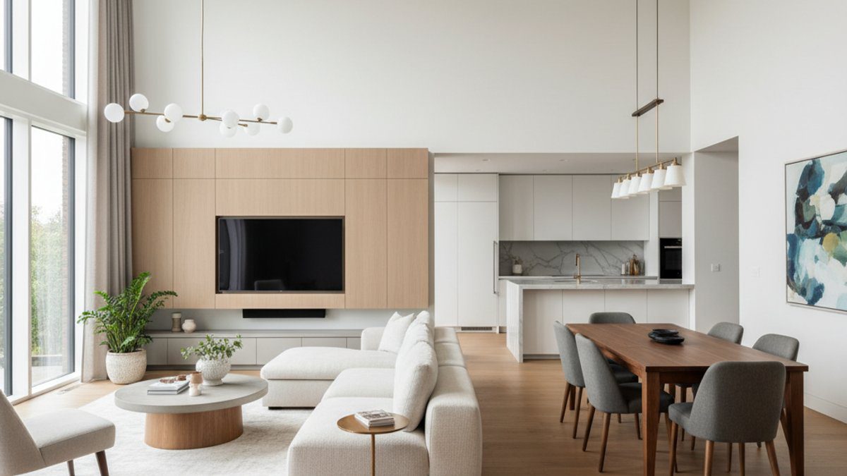 Thiết kế nội thất hiện đại với sàn gỗ công nghiệp kết nối các không gian