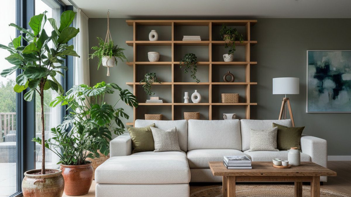 Nội thất nhà ở với cây xanh và vật liệu gỗ tự nhiên