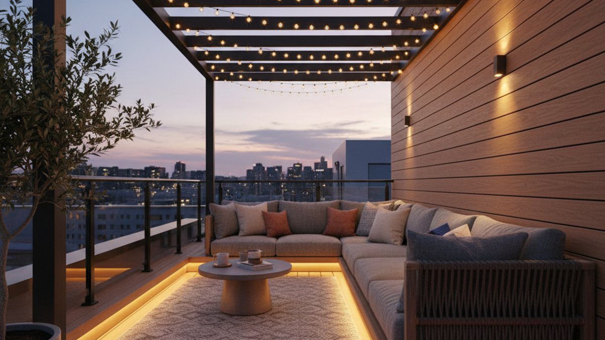 Ban công buổi tối ấm cúng với sàn WPC và đèn LED