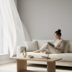 Phòng khách hiện đại, người phụ nữ đọc sách, sàn gỗ êm ái