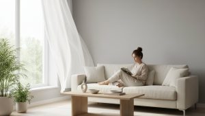 Phòng khách hiện đại, người phụ nữ đọc sách, sàn gỗ êm ái