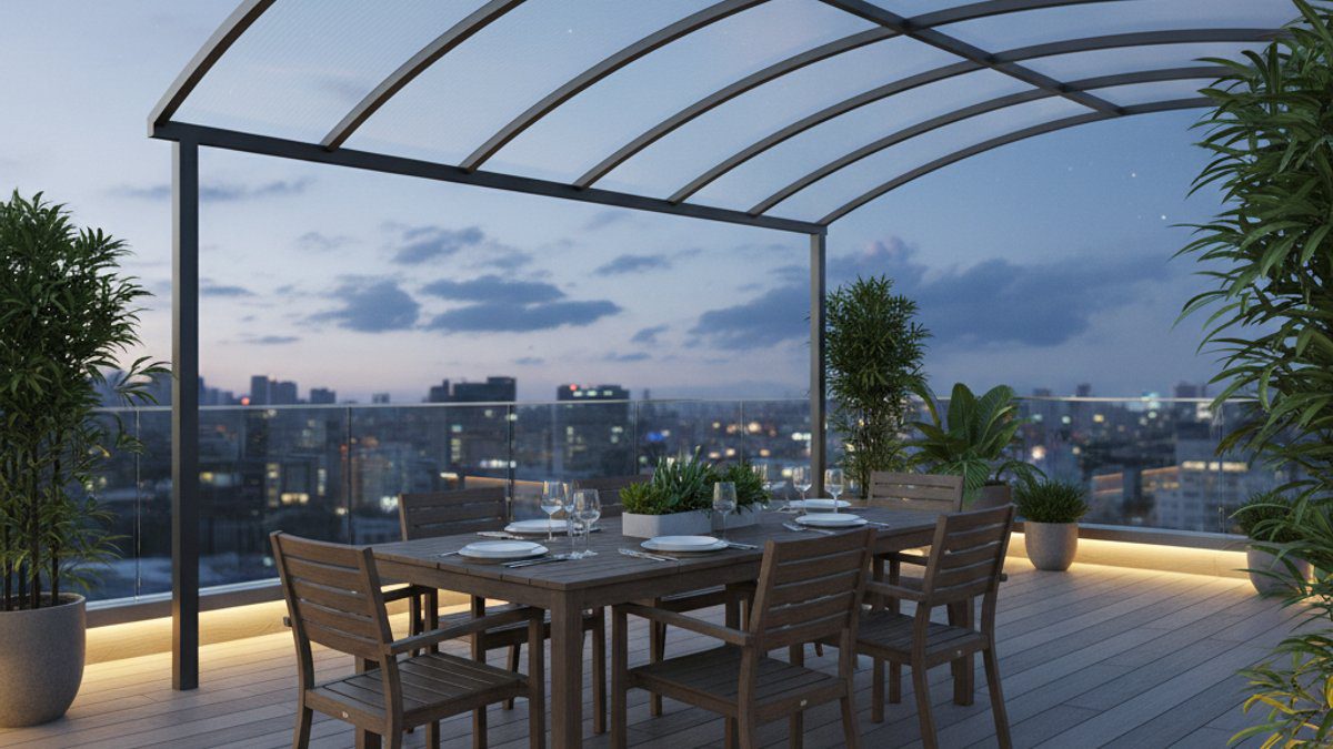 Khu vực ăn uống trên sân thượng với mái polycarbonate và sàn WPC