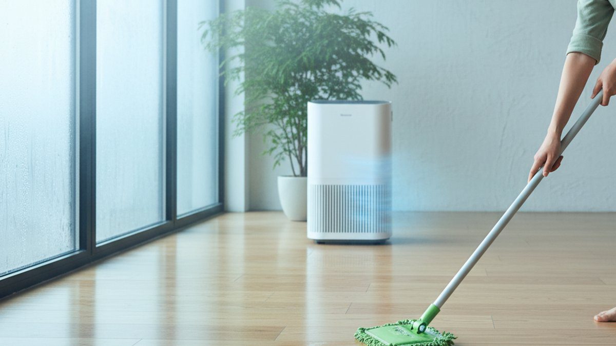 Người phụ nữ lau sàn gỗ bằng cây lau nhà và máy hút ẩm