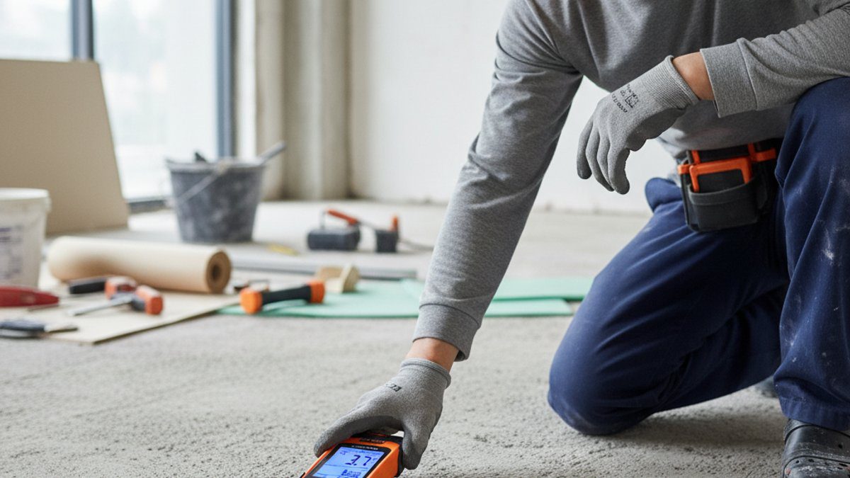 Thợ đo độ ẩm nền nhà trước khi lắp sàn