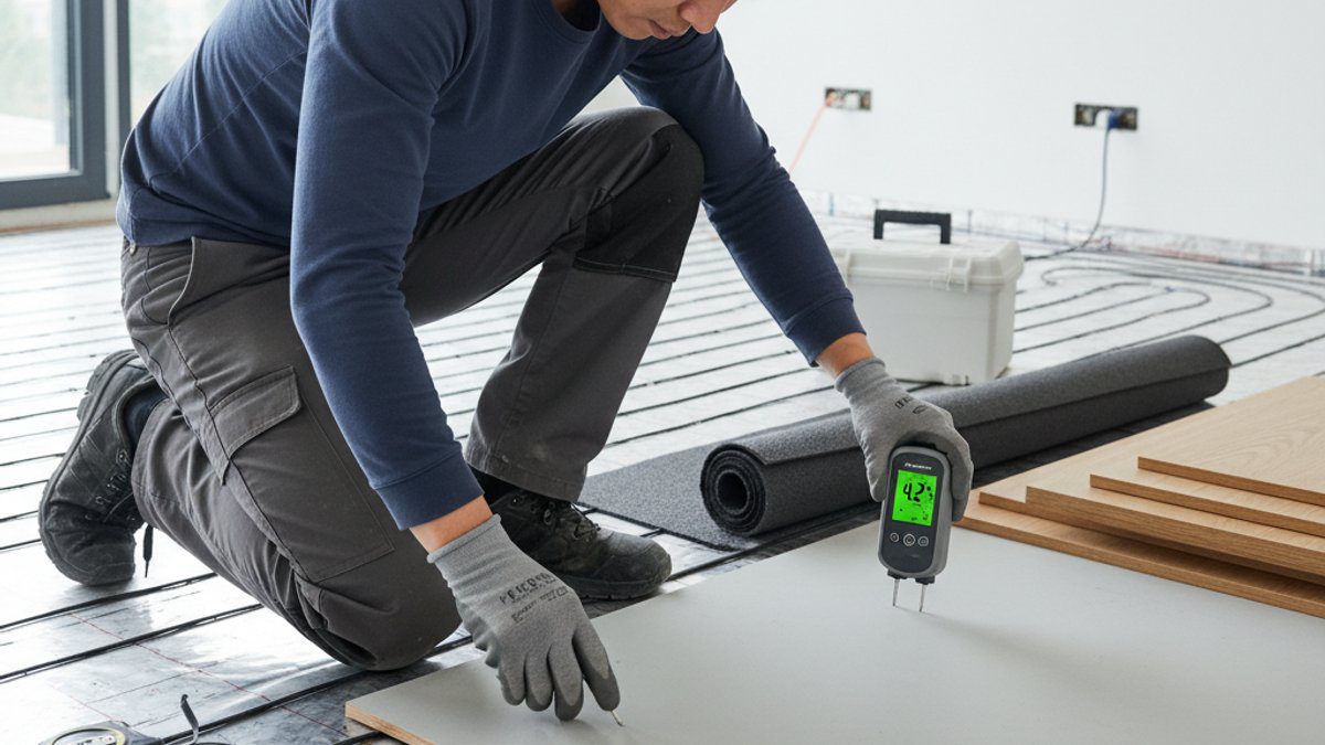 Thợ kiểm tra độ ẩm nền nhà trước lắp sàn gỗ