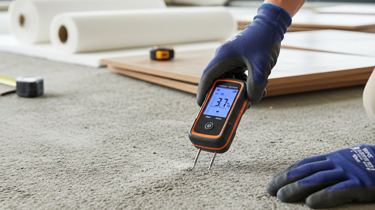 Kỹ thuật viên kiểm tra độ ẩm sàn bê tông bằng máy