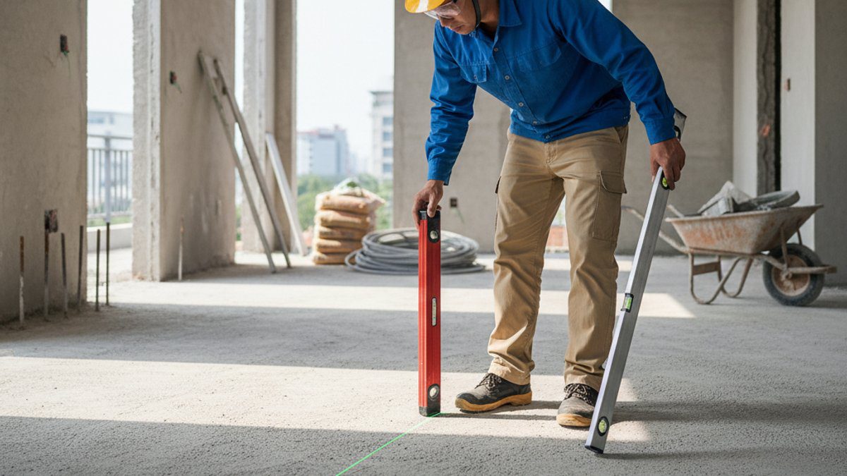 Thợ thi công kiểm tra độ phẳng mặt bằng sàn nhà